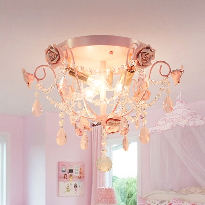 Pastoral Bare Bulb Ceiling Light 3 Bulbs Faceted Crystal Flush Mount Fixture in Pink for Bedroom