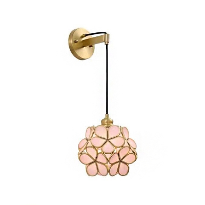 Pink/Clear/Light Pink Glass Floral Ball Sconce Light Modernist 1 Bulb Brass Finish Wall Mount Lamp