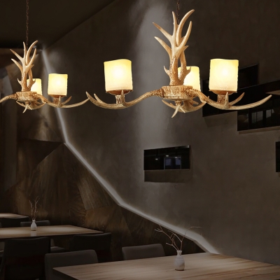 Resin Branch Chandelier Lamp Traditionary 3/6 Heads Ceiling Hanging Light in Brown with Cylinder Frosted Glass Shade