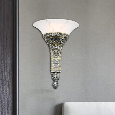 Resin Carved Wall Lighting Vintage Stylish 1 Light Living Room Aged Silver Sconce Lamp with Flared White Glass Shade