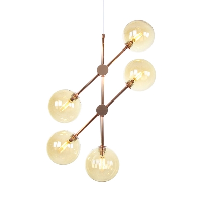 Round Hanging Chandelier Modernist Amber/Smoked Glass 5 Bulbs Bedroom Ceiling Suspension Lamp