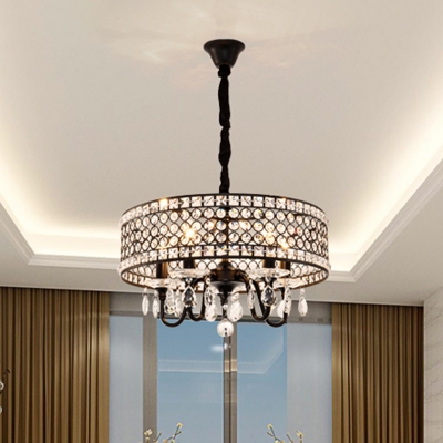 Round Inserted Crystals Chandelier Lighting Traditional 4 Heads Dining Room Suspension Light in Black