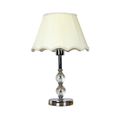 Scalloped Bedroom Table Light Traditionalism Fabric 1 Bulb White Night Lamp with Clear Crystal Bead