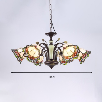 Stained Glass Blossom Chandelier Light Fixture Tiffany 3/5/6 Lights Bronze Hanging Lamp for Bedroom