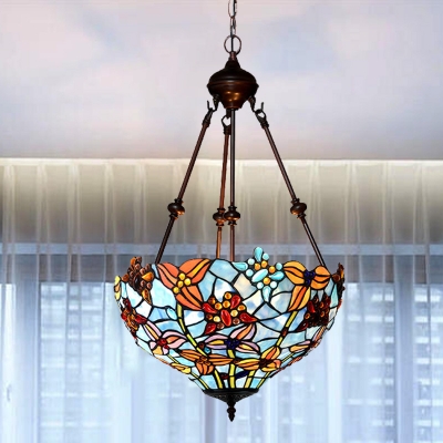 Stained Glass Blossom Chandelier Light Tiffany 2 Bulbs Blue/Red Down Lighting for Living Room