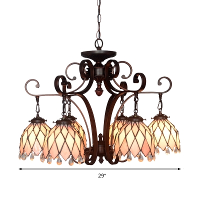 Stained Glass Flower Ceiling Chandelier Tiffany 6 Bulbs Black Suspension Lighting with Crystal Accent for Living Room