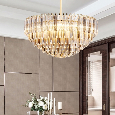 Tiered Pendant Chandelier Modernist Beveled Crystal 10 Heads Gold Hanging Ceiling Light