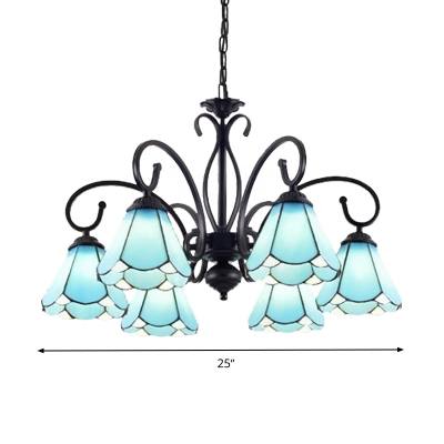 Tiffany Cone Pendant Chandelier 3/5/6 Lights Blue Glass Ceiling Suspension Lamp in Black for Living Room