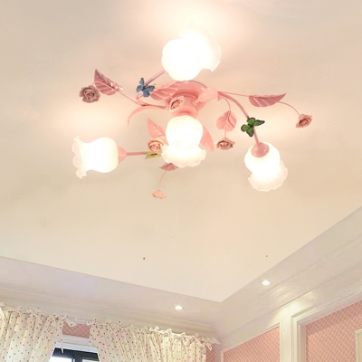 Traditional Flower Ceiling Mount Light Fixture 4/7 Bulbs Opal Glass Semi Flush Chandelier in Pink with Butterfly Accent