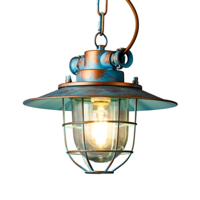 Vintage Wide Flare Pendant Lighting 1 Light Metal Hanging Lamp in White/Blue with Cage