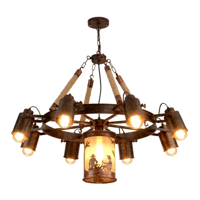 Wagon Wheel Dining Room Chandelier Lighting Fixture Warehouse Metal 7/9 Lights Rust Hanging Lamp Kit