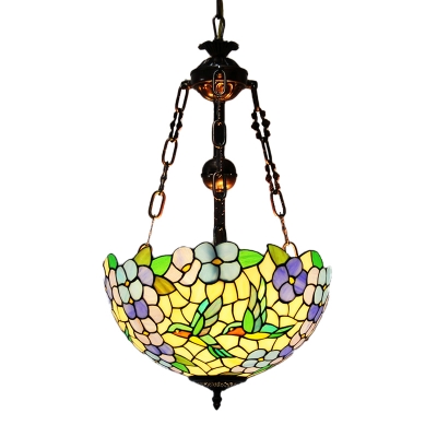 Weathered Copper Flower Chandelier Lighting Tiffany 3 Lights Stained Glass Hanging Lamp