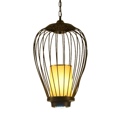Wire Cage Iron Hanging Ceiling Pendant Chinese Style 1-Light Black Suspension Lamp, 14