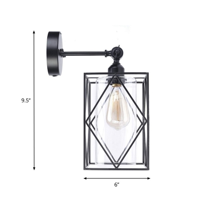 Wire Cage Wall Light Industrial Metal 1 Bulb Black Wall Sconce with Inner Cylinder Clear Glass Shade, Direct Wired Electric/Plug In Electric