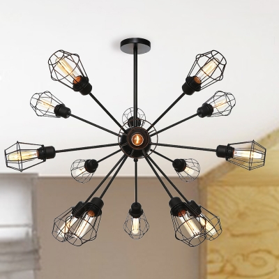 Wire Frame Metal Chandelier Lighting Industrial Style 9/12/15 Lights Black Finish Hanging Lamp for Restaurant