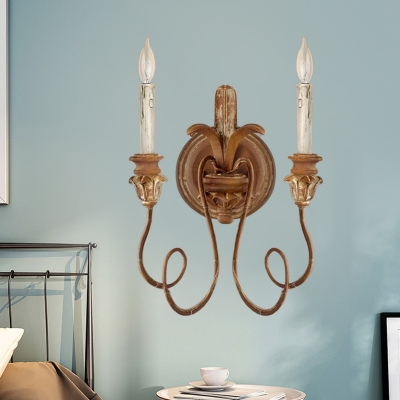 Wood Scroll Frame Sconce Countryside 2 Lights Bedroom Wall