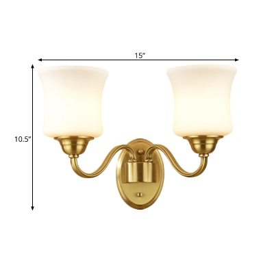 1/2-Head Cylindrical Wall Lamp Modernism Style White Glass Wall Mount Lighting with Gold Curved Arm