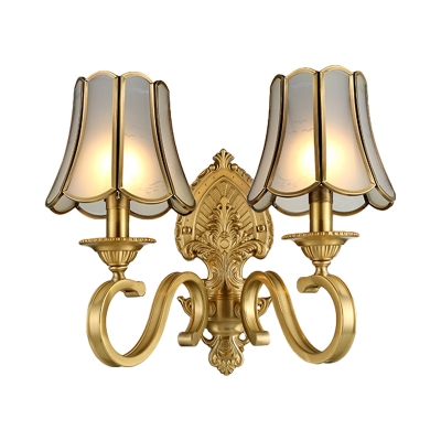 1/2 Heads Metallic Sconce Light Retro Gold Curved Arm Wall Lighting with Beveled Glass Shade