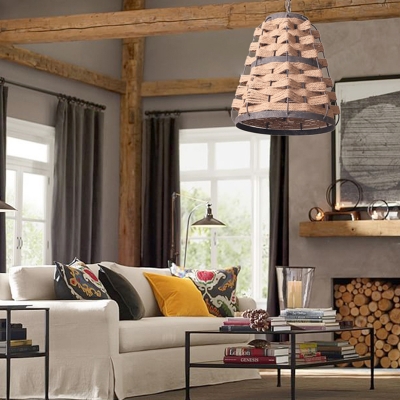 1 Bulb Flaxen Tapered Suspension Pendant Rustic Hemp Rope Woven Ceiling Lamp with Metal Frame