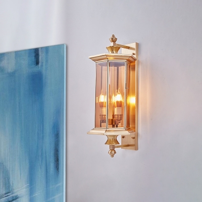 1 Bulb Wall Lantern Vintage Faceted Ribbed/Panel Clear/Tan Glass Sconce Light Fixture with Arm