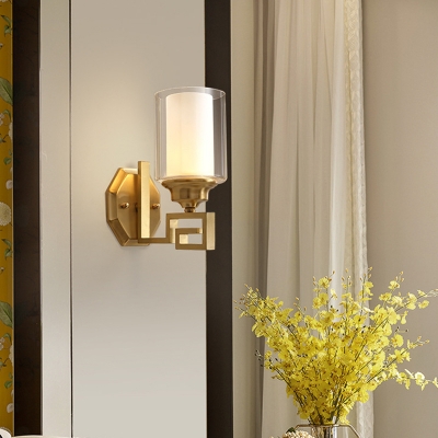 1 Head Cylinder Wall Lamp Modernist Stylish Brass Finish Clear Glass Wall Sconce with White Inner Glass Shade
