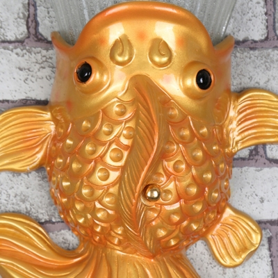 1 Light Fish Wall Lamp Traditional Style Red/Gold Resin Wall Mounted Light with Flared Amber Glass Shade