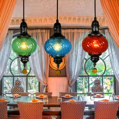 1 Light Restaurant Hanging Light Vintage Style Red/Blue/Green Pendant Lamp with Oval Textured Glass Shade