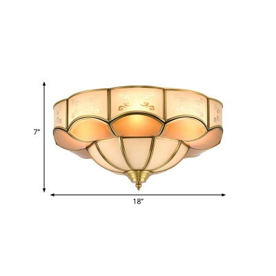 3/4/6 Lights Bedroom Ceiling Light Fixture Traditional Brass Flush Mount with Flower Curved Frosted Glass Panel Shade
