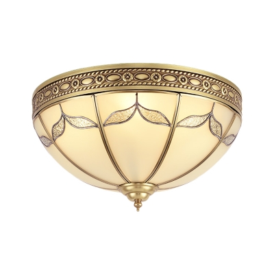 3/4 Lights Frosted Glass Flush Mount Lighting Fixture Traditional Gold Bowl Living Room Close to Ceiling Light, 12.5