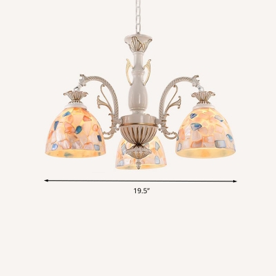 3/5/9 Bulbs Living Room Chandelier White and Gold Hanging Pendant with Dome Hand-Cut Stained Glass Shade