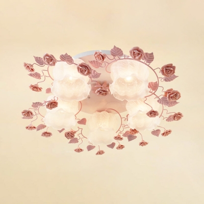 3/5 Bulbs Rose Ceiling Mount Countryside Pink/Green Mouth Blown Opal Glass Flush Light Fixture for Bedroom