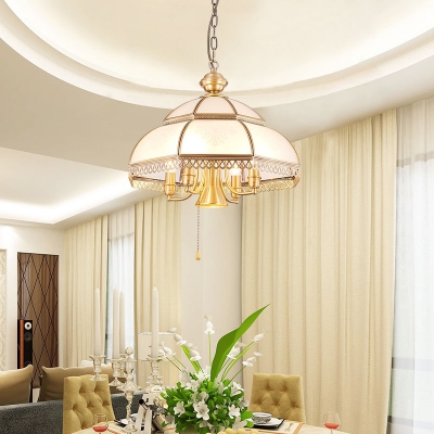 5 Bulbs Chandelier Light Fixture Colonialist Bedroom Hanging Lamp with Dome White Glass Shade