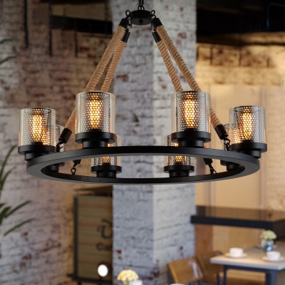 6/8 Lights Dining Room Chandelier Lamp Industrial Black Hanging Light with Cylinder Smoke Glass Shade
