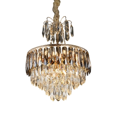8 Heads Tiered Hanging Chandelier Modernist Faceted Crystal Ceiling Pendant Light in Gold