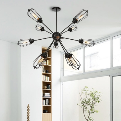 9/12/15 Heads Indoor Hanging Chandelier Lamp Industrial Style Black Finish Pendant Lighting with Bulb Cage Metal Shade