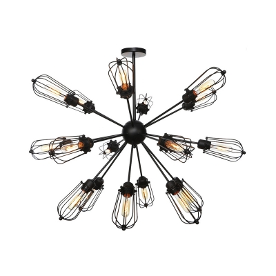 9/12/15 Heads Indoor Hanging Chandelier Lamp Industrial Style Black Finish Pendant Lighting with Bulb Cage Metal Shade