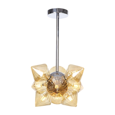 9/12 Lights Living Room Chandelier Modernist Chrome Pendant Light with Diamond Amber Glass Shade