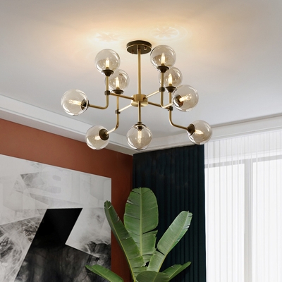 Amber Glass Globe Semi Flush Mount Modernism 9/13 Heads Ceiling Light Fixture in Brass for Living Room