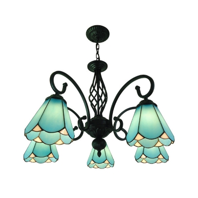 Arched White/Blue Glass Ceiling Chandelier Tiffany Style 3/5/6 Lights Black Pendant Lighting Fixture for Bedroom