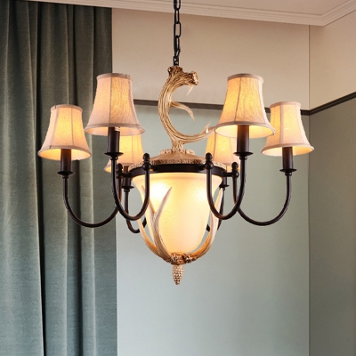 Armed Restaurant Chandelier Lamp Traditionary Metal 9/12 Heads Black Hanging Ceiling Light with Flared Fabric Shade