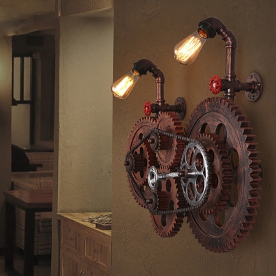 Bicycle Gear Sconce Light Fixture Antiqued Iron 2 Lights Open Bulb Wall Sconce Light Fixture for Coffee Shop