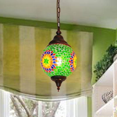 Blue/Green Glass Orb Ceiling Lamp Moroccan 1 Head Dining Room Suspension Pendant Light