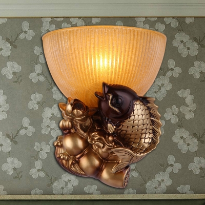 Bowl Shade Bedroom Wall Lamp Colonial Style Yellow Glass 1 Bulb Gold Finish Wall Lighting with Fish Backplate