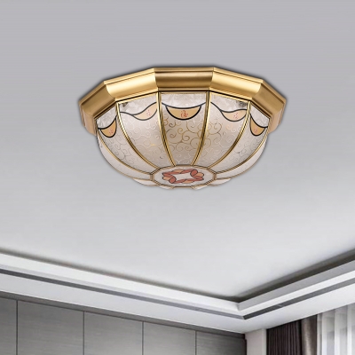 Brass Bowl Flush Mount Lighting Vintage Frosted Glass 4 Lights Bedroom Ceiling Fixture