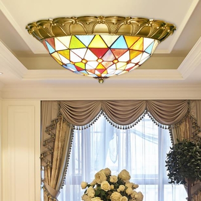 Brass LED Flush Mount Light Fixture Tiffany Style Stained Glass Flushmount Lighting for Bedroom, 15
