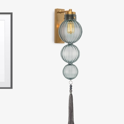 Chinese Style Sphere Clear/Amber/Light Blue Glass Sconce Light 1 Bulb Brass/Chrome Finish Wall Mount Lamp with Tassel Knot