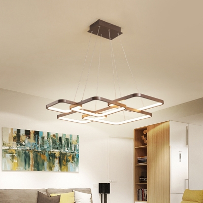 Coffee Square Hanging Lamp Contemporary Metal LED Chandelier Pendant Light in Warm/White Light