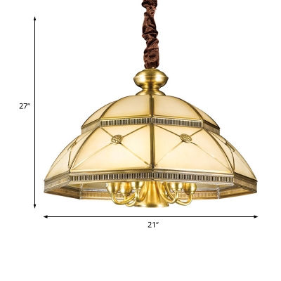 Colonial Dome Hanging Pendant 7 Heads Mouth-Blown White Opal Glass Chandelier Lighting Fixture in Gold