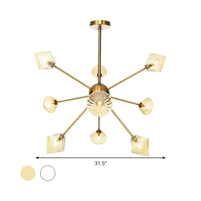 Contemporary Diamond Chandelier Lamp Amber/Clear Glass 9 Bulbs Living Room Pendant Lighting Fixture