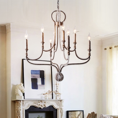 Crystal Candelabra Chandelier Lamp Countryside 8 Lights Living Room Hanging Ceiling Light in Aged Silver